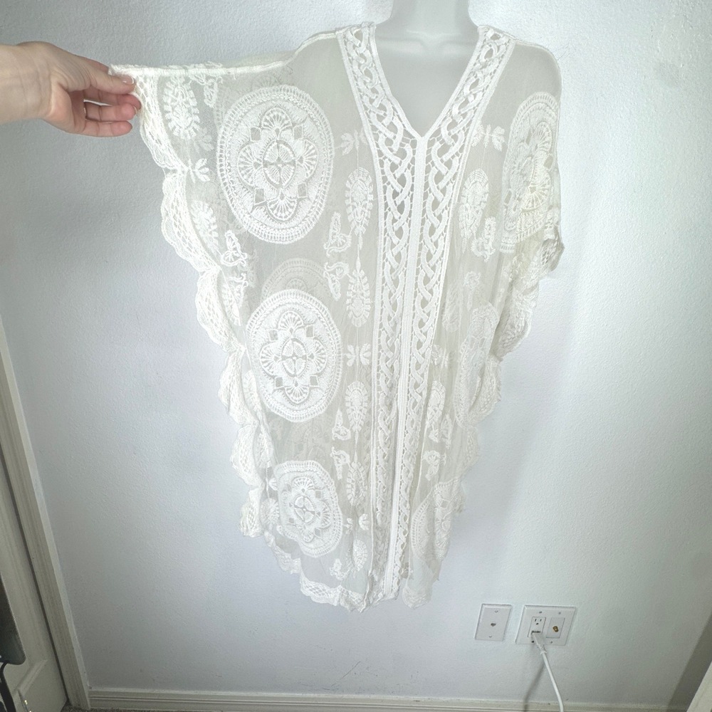 Womens White Lace Kimono Cover Up Floral Embroidery Poncho OS NEW Boho Festival